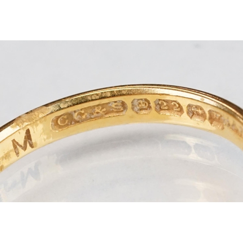 321 - 22ct yellow gold wedding band, width approx 2.5mm, ring size P½