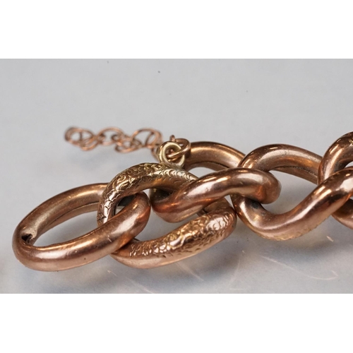 323 - 19th century 9ct rose gold part belcher link bracelet, alternate links with foliate scroll decoratio... 