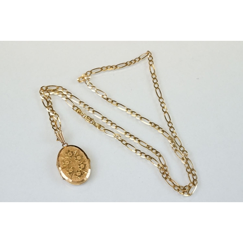 326 - 9ct yellow gold double link chain necklace; 9ct gold plated locket on yellow metal chain, the clasp ... 