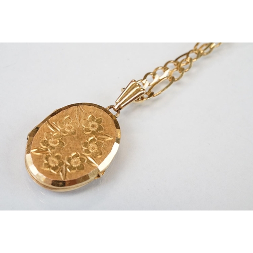 326 - 9ct yellow gold double link chain necklace; 9ct gold plated locket on yellow metal chain, the clasp ... 