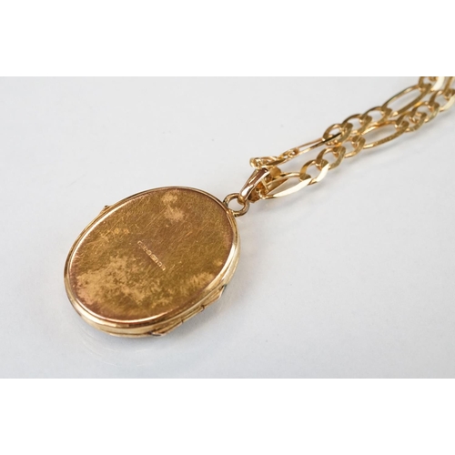 326 - 9ct yellow gold double link chain necklace; 9ct gold plated locket on yellow metal chain, the clasp ... 