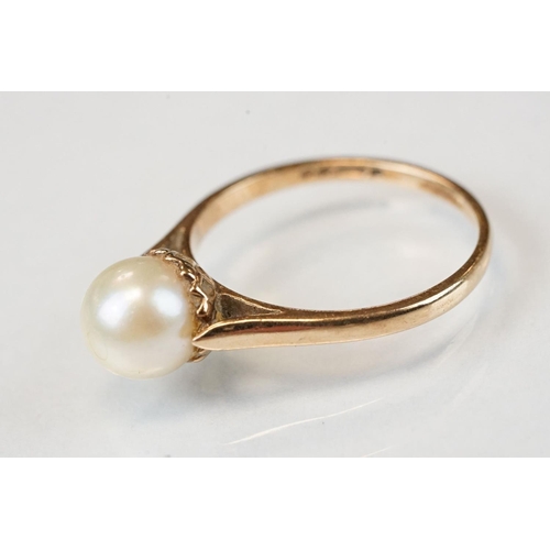 330 - Pearl 9ct yellow gold ring, size L½; together with a yellow and white metal white stone eternity rin... 