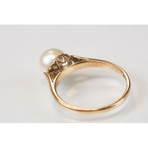 330 - Pearl 9ct yellow gold ring, size L½; together with a yellow and white metal white stone eternity rin... 