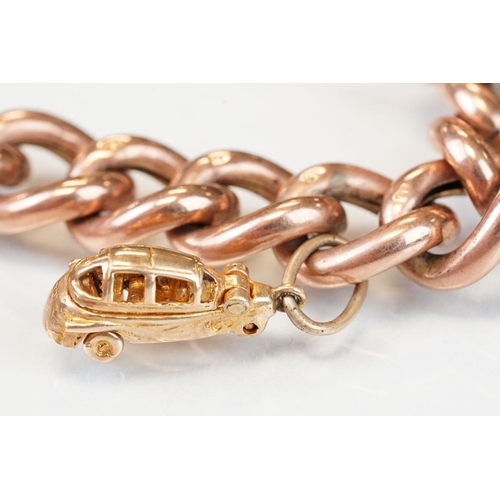 331 - 9ct rose gold curb link bracelet, each link stamped 9c, later 9ct gold padlock clasp and five 9ct ye... 