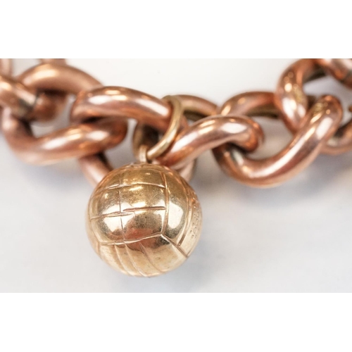 331 - 9ct rose gold curb link bracelet, each link stamped 9c, later 9ct gold padlock clasp and five 9ct ye... 