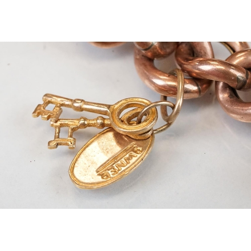 331 - 9ct rose gold curb link bracelet, each link stamped 9c, later 9ct gold padlock clasp and five 9ct ye... 