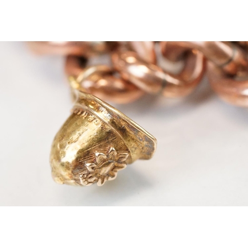 331 - 9ct rose gold curb link bracelet, each link stamped 9c, later 9ct gold padlock clasp and five 9ct ye... 