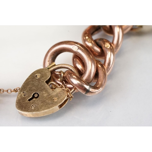 331 - 9ct rose gold curb link bracelet, each link stamped 9c, later 9ct gold padlock clasp and five 9ct ye... 