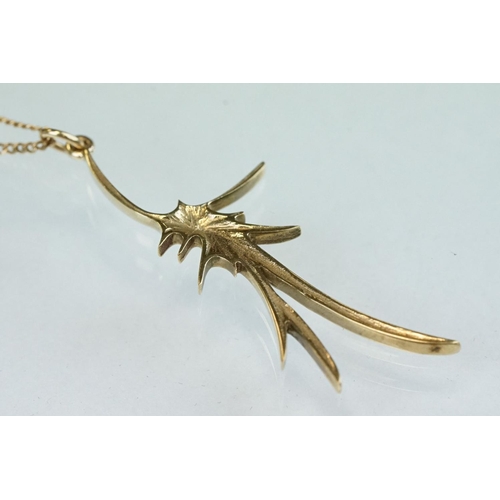 338 - 1970s 9ct yellow gold abstract pendant necklace, length of pendant approx 5.5cm, fine flat curb link... 