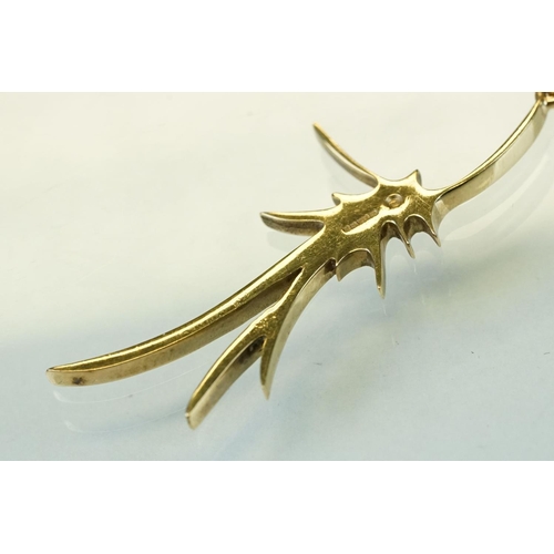 338 - 1970s 9ct yellow gold abstract pendant necklace, length of pendant approx 5.5cm, fine flat curb link... 