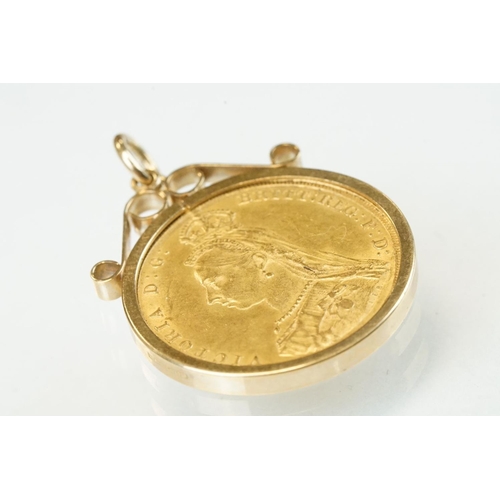 342 - Victoria, full sovereign coin, 1887, George and the Dragon back, 9ct yellow gold sovereign mount