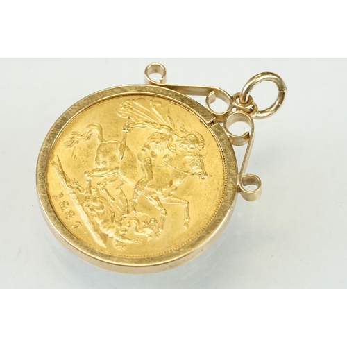 342 - Victoria, full sovereign coin, 1887, George and the Dragon back, 9ct yellow gold sovereign mount