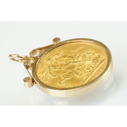 342 - Victoria, full sovereign coin, 1887, George and the Dragon back, 9ct yellow gold sovereign mount