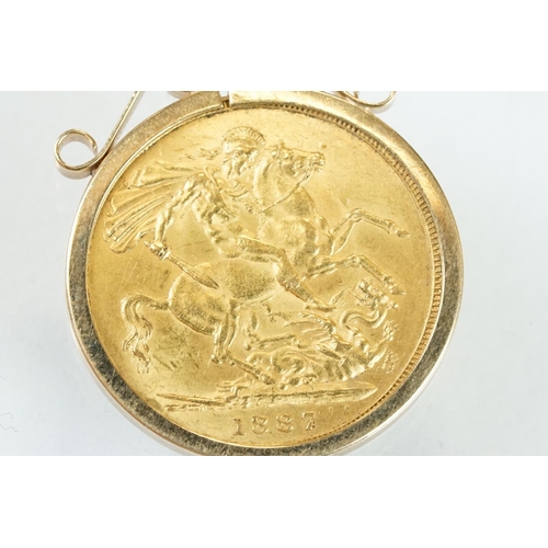 342 - Victoria, full sovereign coin, 1887, George and the Dragon back, 9ct yellow gold sovereign mount