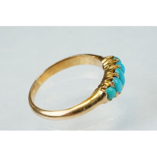 344 - Late Victorian turquoise unmarked gold ring, five graduated oval cabochon cut turquoise stones, claw... 