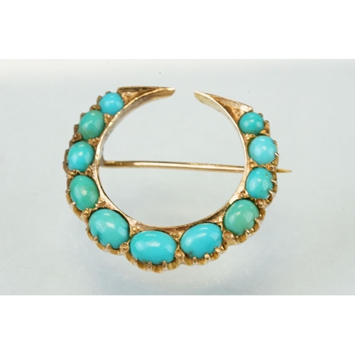 346 - Late Victorian turquoise unmarked gold brooch, graduated cabochon cut turquoise stones, rubover and ... 