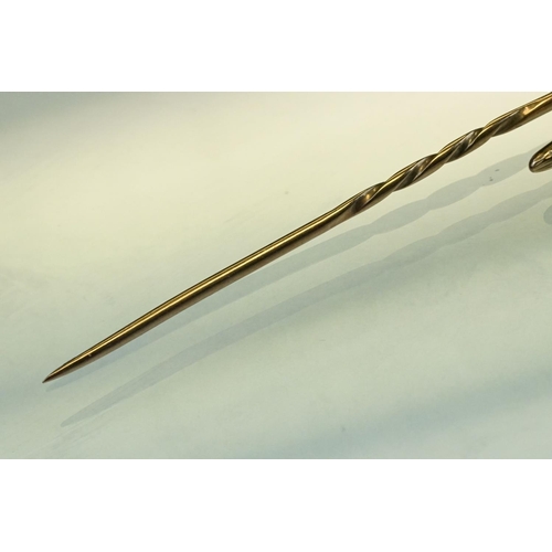 349 - Late 19th century gemstone unmarked rose gold stick pin modelled as a dirk set with blue lace agate,... 