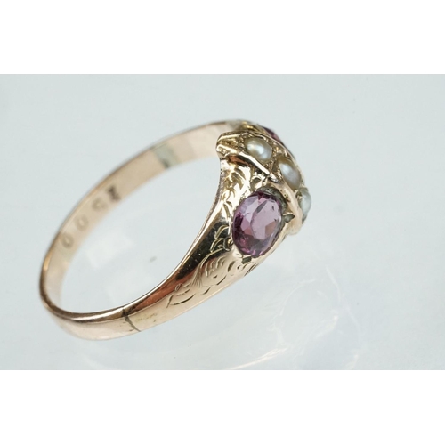 359 - 19th century garnet and pearl 9ct rose gold ring, two oval mixed cut garnets measuring approx 4.5mm ... 