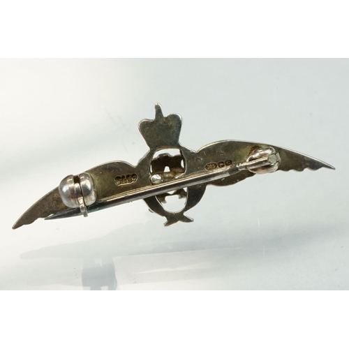 41 - Enamelled silver RAF sweetheart 'wings' brooch; silver Royal Engineers bar brooch; silver Merchant N... 