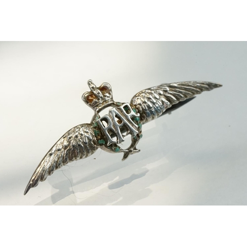 41 - Enamelled silver RAF sweetheart 'wings' brooch; silver Royal Engineers bar brooch; silver Merchant N... 