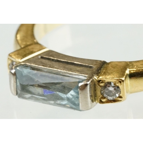 44 - Aquamarine and diamond 18ct yellow gold ring, the rectangular mixed cut aquamarine measuring approx ... 