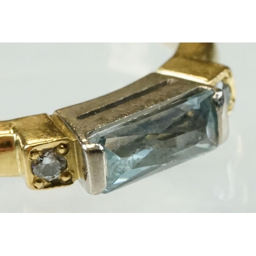 44 - Aquamarine and diamond 18ct yellow gold ring, the rectangular mixed cut aquamarine measuring approx ... 