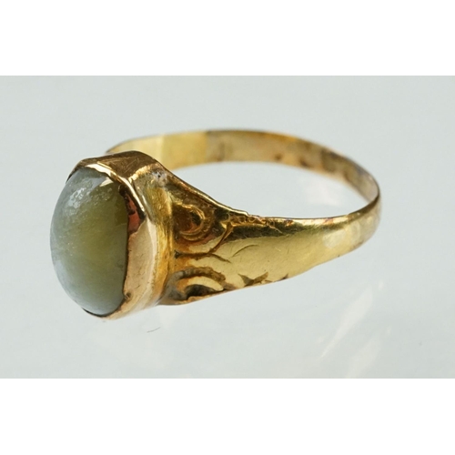 46 - 19th century cats-eye chrysoberyl yellow gold ring, the oval cabochon cats-eye chrysoberyl measuring... 