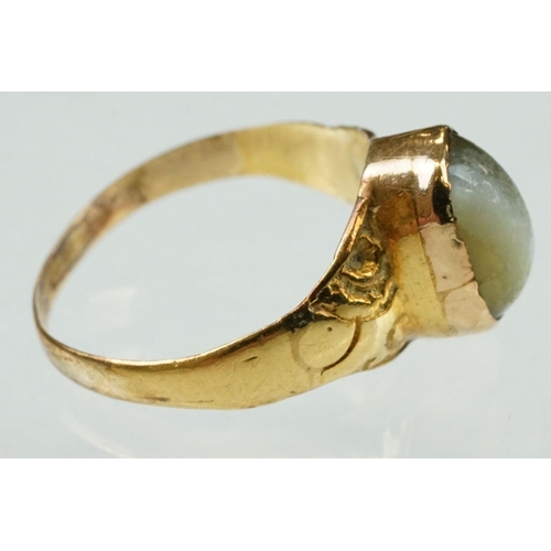 46 - 19th century cats-eye chrysoberyl yellow gold ring, the oval cabochon cats-eye chrysoberyl measuring... 