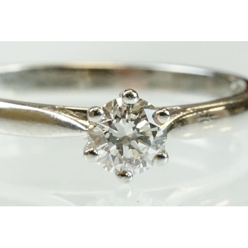 48 - Diamond solitaire platinum ring, the round brilliant cut diamond weighing approx 0.40 carat, six cla... 