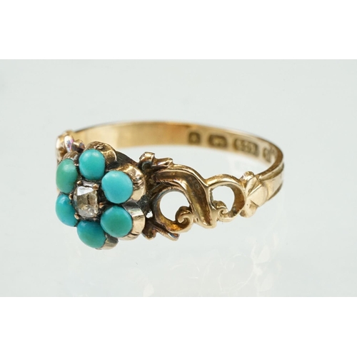 49 - 19th century turquoise and diamond 15ct yellow gold flower head ring; central cushion cut diamond, s... 