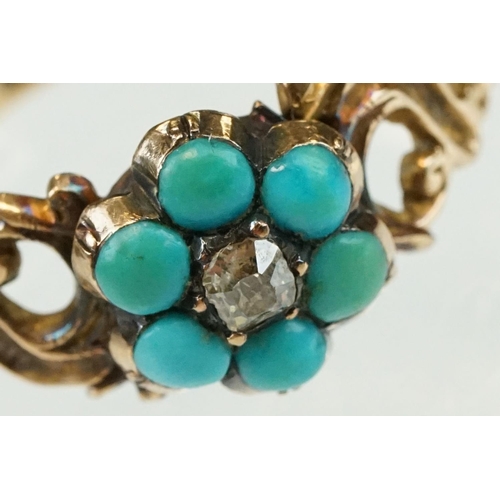 49 - 19th century turquoise and diamond 15ct yellow gold flower head ring; central cushion cut diamond, s... 