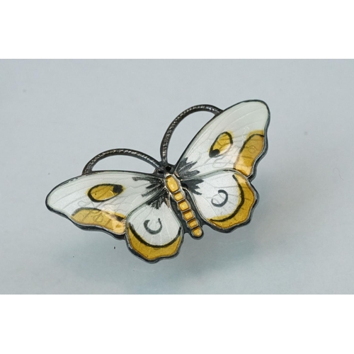 128 - Norwegian enamelled silver butterfly brooch, white and yellow basse-taille enamel, makers Opro, stam... 