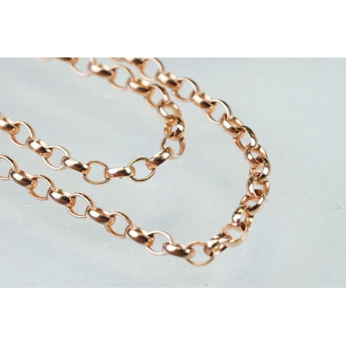 141 - 9ct rose gold belcher link chain with 9ct yellow gold bolt ring clasp, length approx 61cm