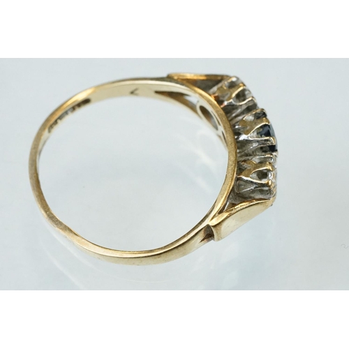 144 - 18ct yellow gold wedding band, band width 3mm, ring size O½; sapphire and diamond 9ct yellow gold dr... 