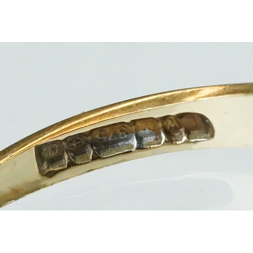 144 - 18ct yellow gold wedding band, band width 3mm, ring size O½; sapphire and diamond 9ct yellow gold dr... 