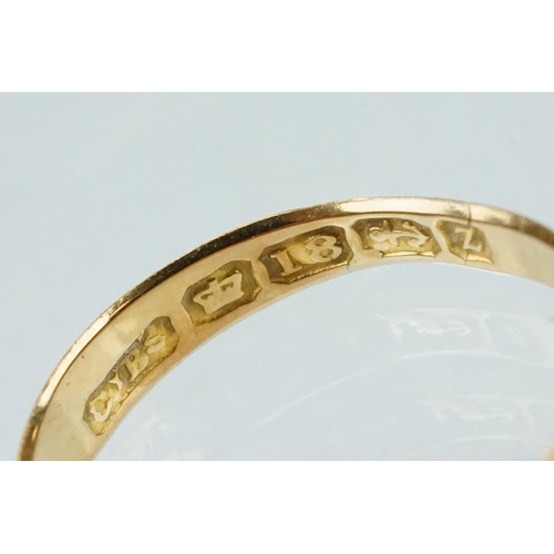 144 - 18ct yellow gold wedding band, band width 3mm, ring size O½; sapphire and diamond 9ct yellow gold dr... 