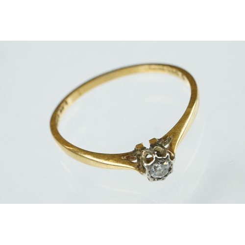 148 - Diamond solitaire 18ct yellow gold platinum set ring, the round old cut diamond weighing approx 0.07... 