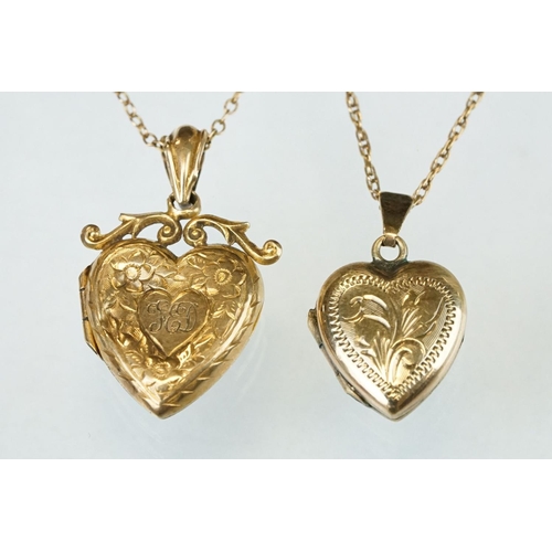 149 - Edwardian 9ct yellow gold heart shaped locket pendant necklace, engraved floral and foliate decorati... 