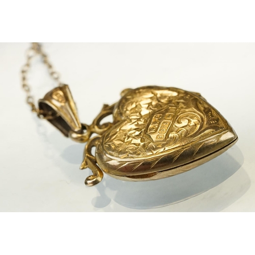 149 - Edwardian 9ct yellow gold heart shaped locket pendant necklace, engraved floral and foliate decorati... 