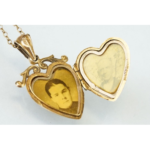 149 - Edwardian 9ct yellow gold heart shaped locket pendant necklace, engraved floral and foliate decorati... 