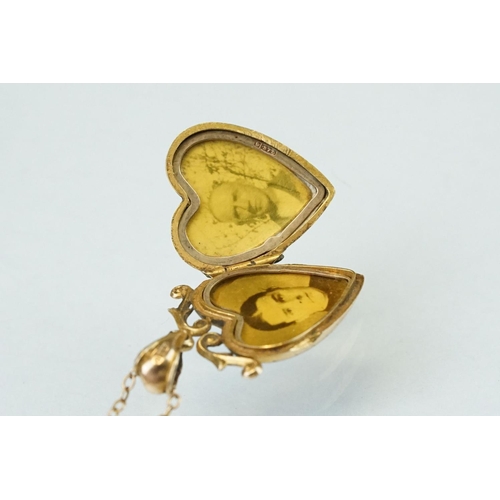 149 - Edwardian 9ct yellow gold heart shaped locket pendant necklace, engraved floral and foliate decorati... 