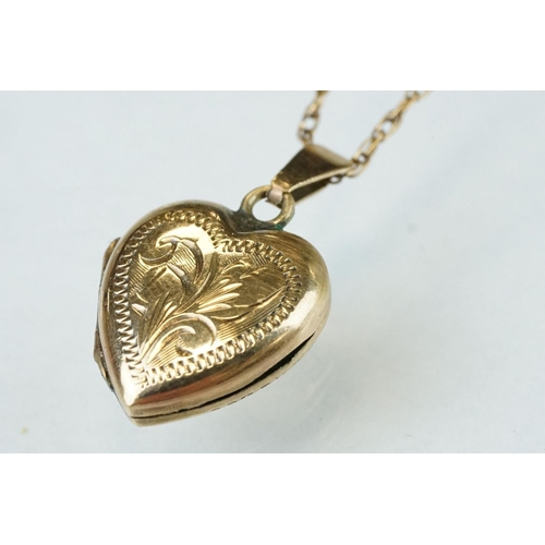 149 - Edwardian 9ct yellow gold heart shaped locket pendant necklace, engraved floral and foliate decorati... 