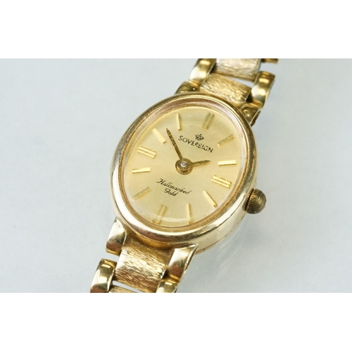 150 - Sovereign 9ct yellow gold ladies wristwatch, oval gilt dial with gilt baton numerals and poker hands... 