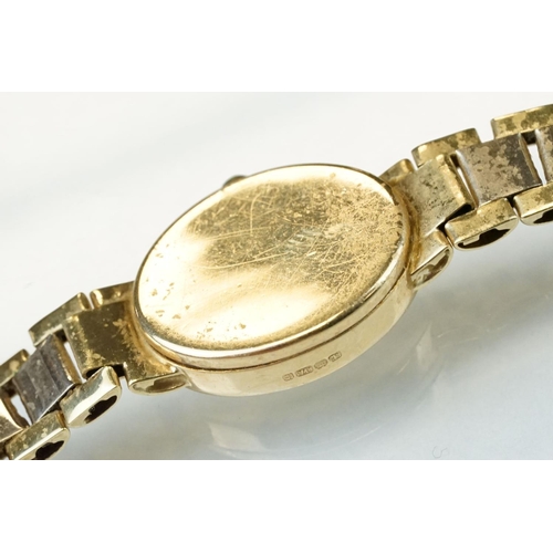 150 - Sovereign 9ct yellow gold ladies wristwatch, oval gilt dial with gilt baton numerals and poker hands... 