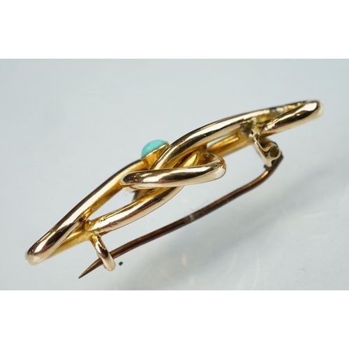 152 - Late Victorian/ Edwardian turquoise 15ct yellow gold knot-style brooch, circular cabochon cut turquo... 