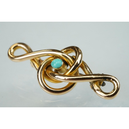 152 - Late Victorian/ Edwardian turquoise 15ct yellow gold knot-style brooch, circular cabochon cut turquo... 