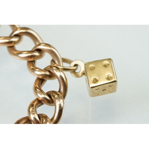 156 - 9ct rose gold curb link bracelet with padlock clasp, each link stamped 9c, together with nine 9ct ye... 