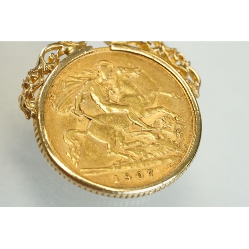 184 - Half sovereign coin, Edward VII, dated 1907, George and the Dragon back, 9ct gold scroll coin mount