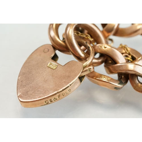 189 - 9ct rose gold curb link bracelet with padlock clasp, each link stamped 9c, width approx 1cm