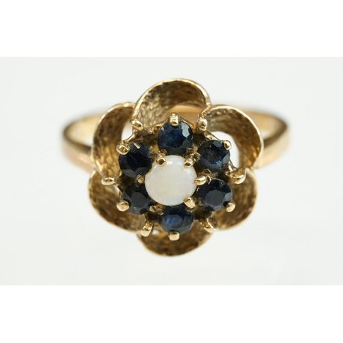 190 - Opal and sapphire 9ct yellow gold flower head ring, size N½; together with a late Victorian 9ct gold... 